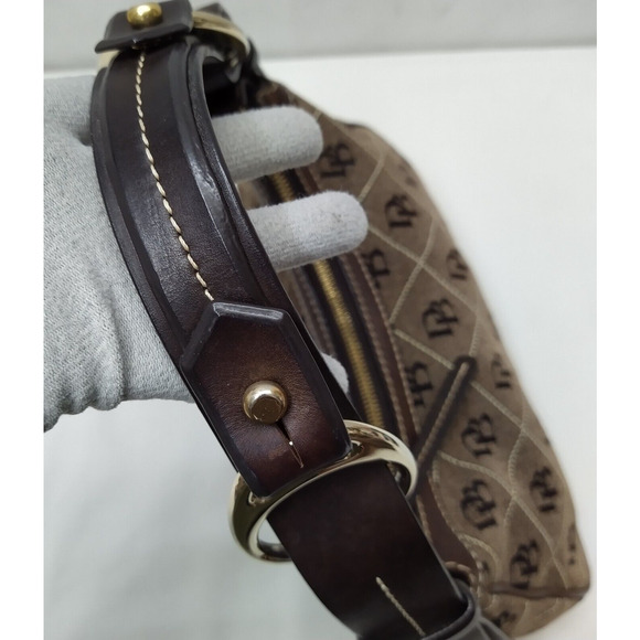 Dooney & Bourke Brown Canvas Leather Trim DB Printed Zipper Hobo Shoulder Bag - Picture 5 of 16